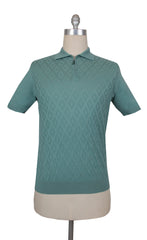 $600 Svevo Parma Light Green Cotton 1/4 Zip Polo Sweater - L/52 - (SV4192510)
