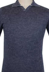 $925 Svevo Parma Dark Blue Silk Blend Notched Polo Sweater - (SV321261) - Parent