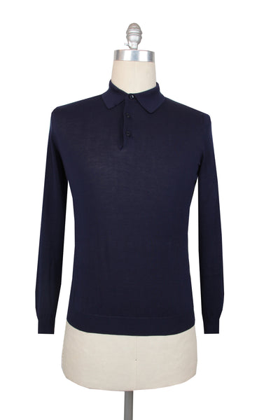 $550 Svevo Parma Dark Blue Cotton 1/4 Button Polo Sweater - (SV4192513) - Parent