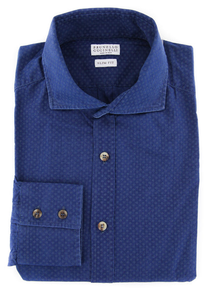 Brunello Cucinelli Blue Polka Dot Shirt - Slim - (MG451718C49) - Parent