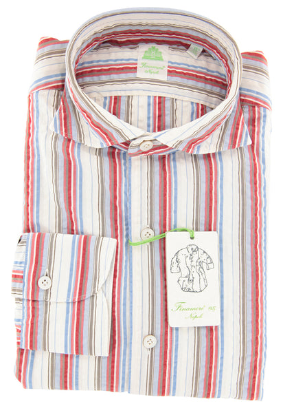 Finamore Napoli Red Striped Seersucker Shirt - Extra Slim - (OX) - Parent