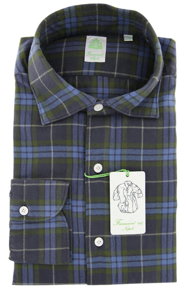 Finamore Napoli Dark Blue Plaid Flannel Shirt - Extra Slim - (IW) - Parent