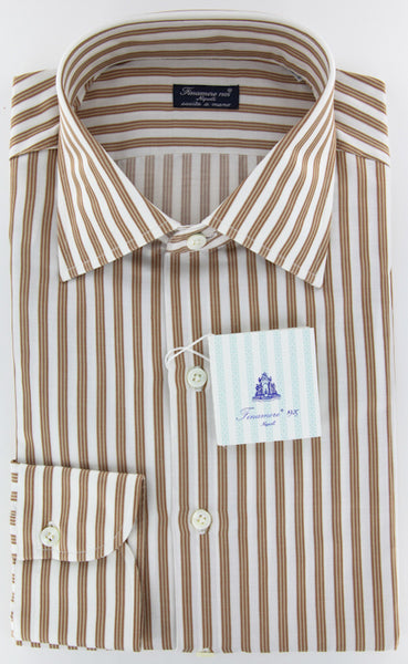 Finamore Napoli Orange Beige, White Striped Cotton Shirt 15.5/39