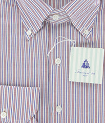 New Finamore Napoli Red and Blue Striped Shirt - Slim Fit - 15.75/40