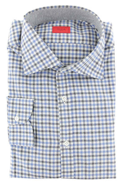 Isaia Light Blue Check Flannel Shirt - Extra Slim - (250) - Parent