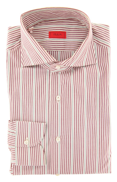 Isaia Burgundy Red Striped Cotton Shirt - Slim - (JX) - Parent