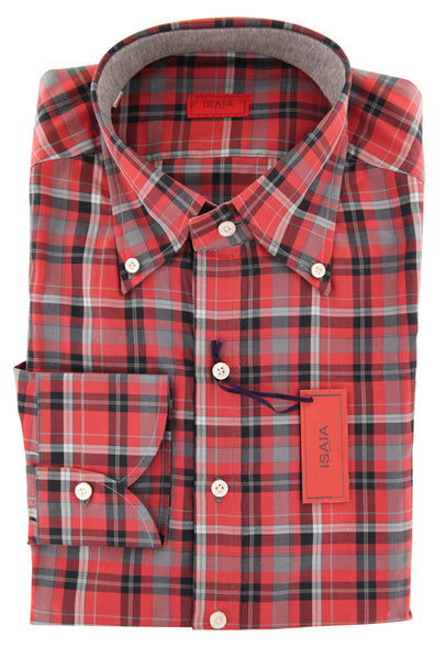 Isaia Red Plaid Cotton Popover Shirt - Slim - (KK) - Parent
