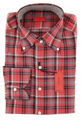 Isaia Red Plaid Cotton Popover Shirt - Slim - (KK) - Parent