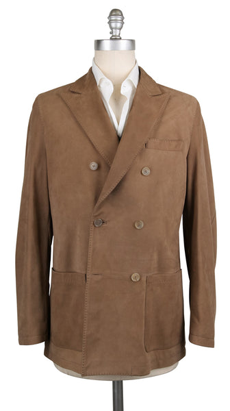 Kiton Light Brown Leather Solid Peacoat - (KTCOATBRNX21) - Parent