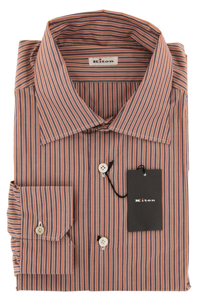 Kiton Caramel Brown Striped Cotton Shirt - Slim - (XM) - Parent