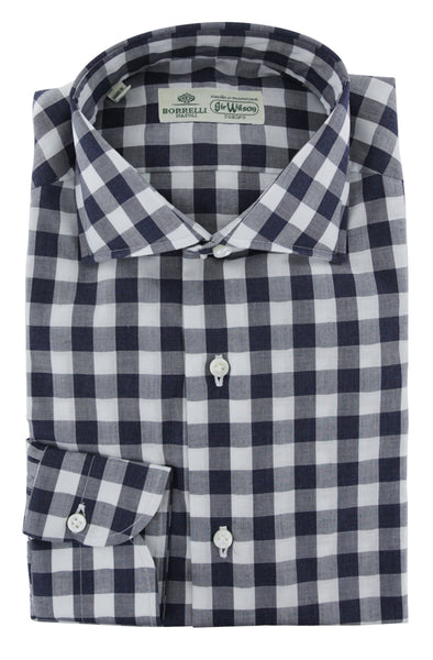 Luigi Borrelli Navy Blue Check Dress Shirt - Slim - (8V) - Parent