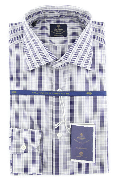 New $600 Luigi Borrelli Navy Blue Plaid Shirt - (EV0668470RIO) - Parent