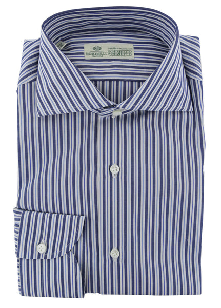 Luigi Borrelli Navy Blue Striped Dress Shirt - Extra Slim - (8Y) - Parent