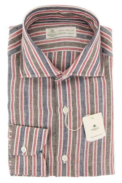 Luigi Borrelli Navy Blue Striped Linen Shirt - Slim - (Z1) - Parent