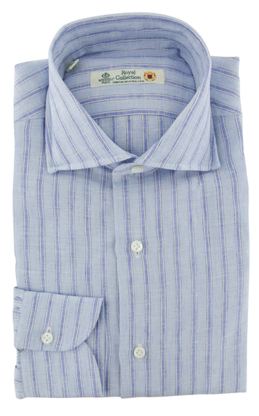 Luigi Borrelli Light Blue Striped Linen Dress Shirt - Extra Slim - (93) - Parent