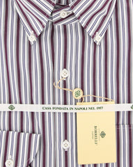 $425 Luigi Borrelli Burgundy Red Striped Cotton Shirt - Slim - (KS) - Parent