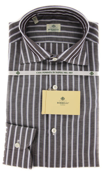 Borrelli Brown Striped Shirt - Extra Slim - 15.5/39 - (EVTS4296GIANNI)
