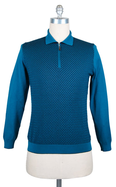 $1200 Svevo Parma Blue Cashmere Blend 1/4 Zip Sweater - L/52 - (SV930264)