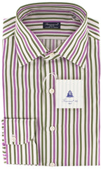 Finamore Napoli Green Striped Cotton Twill Shirt 15.75/40