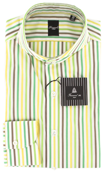 Finamore Napoli Green White, Yellow, Brown Striped Shirt 15.75/40