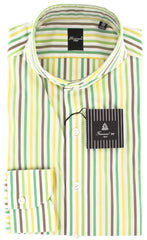Finamore Napoli Green White, Yellow, Brown Striped Shirt 15.75/40