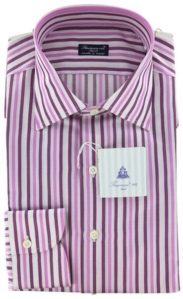 Finamore Napoli Pink White, Purple Striped Cotton Twill  Shirt 16/41