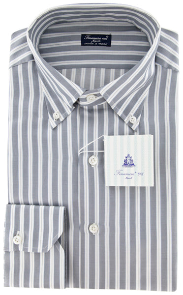 Finamore Napoli Gray White, Light Blue Striped Cotton Shirt 15.75/40