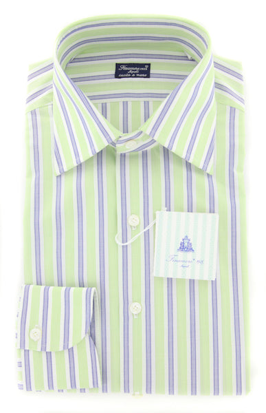 Finamore Napoli Green White, Navy Blue Striped Cotton Shirt 15.75/40