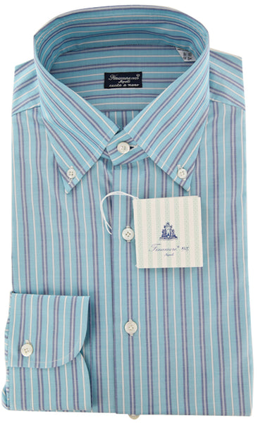 Finamore Napoli Light Blue White, Navy Blue Striped Shirt 16/41