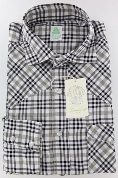 Finamore Napoli Beige Casual Plaid Twill Cotton Shirt -Extra Slim -15.5