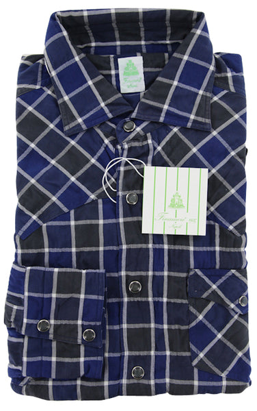 Finamore Napoli Blue Plaid Cotton Casual Shirt -Extra Slim Fit- 16