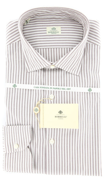 Borrelli Brown Striped Cotton Shirt - Medium Spread Collar - 15.5/39