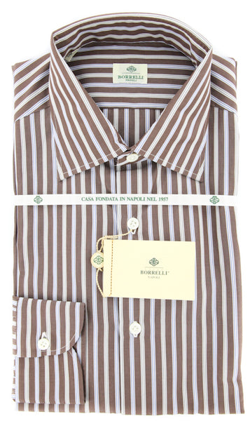 Borrelli Brown Striped Cotton Shirt - Medium Sprad Collar - 15.75/40