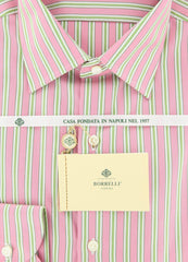 Luigi Borrelli Pink and Green Striped Cotton Shirt 15.75/40