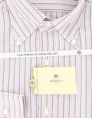 Luigi Borrelli Pink, Light Blue and Brown Striped Cotton Shirt 16.5/42