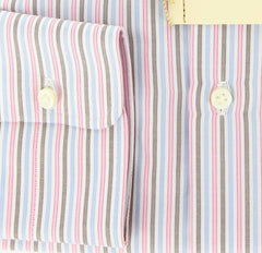 Luigi Borrelli Pink, Light Blue and Brown Striped Cotton Shirt 16.5/42