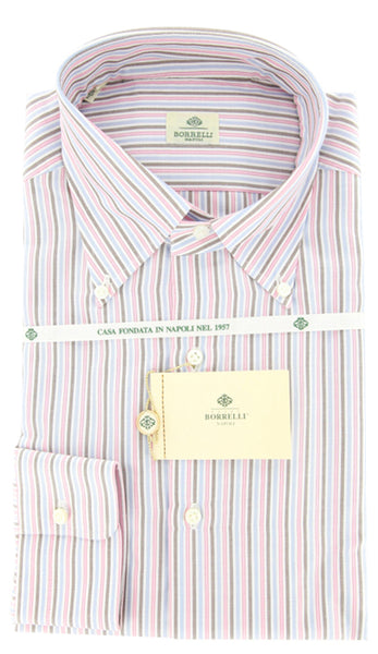 Luigi Borrelli Pink, Light Blue and Brown Striped Shirt 18/45