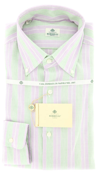 Borrelli Lavender Purple White, Green Striped Cotton Shirt 16.5/42