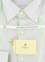 Borrelli Lavender Purple White, Green Striped Cotton Shirt 16.5/42