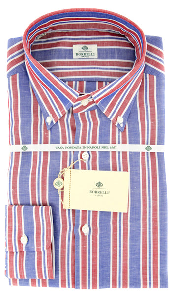 Luigi Borrelli Red White, Blue Striped Cotton Shirt 17/43