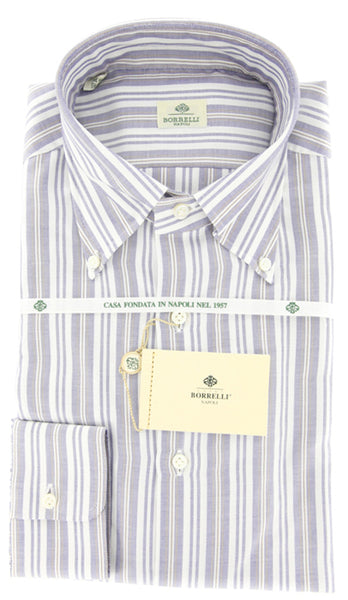 Luigi Borrelli Blue and Beige Striped Shirt 17.5/44