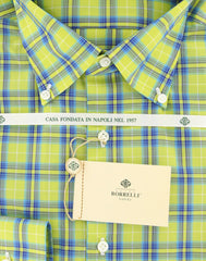 Luigi Borrelli Green Light Blue, Blue Plaid Cotton Shirt 15.75/40