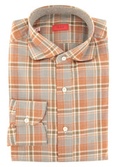 Isaia Caramel Brown Plaid Cotton Shirt - Slim - 15.75/40 - (NE)