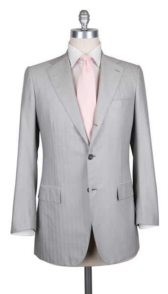 Kiton Light Gray Cotton Blend Herringbone Suit - (UA896D322R7) - Parent