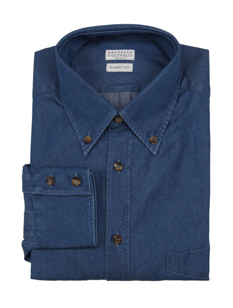 $495 Brunello Cucinelli Denim Blue Cotton Shirt - Slim - (BC810234) - Parent