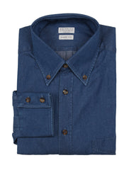 $495 Brunello Cucinelli Denim Blue Cotton Shirt - Slim - (BC810234) - Parent