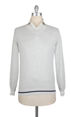 Brunello Cucinelli Light Gray Cotton V-Neck Sweater - (BC814231) - Parent