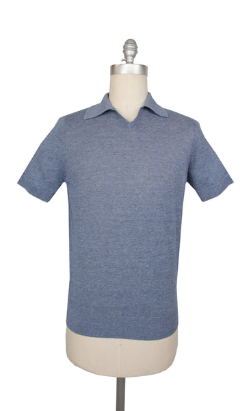 $795 Brunello Cucinelli Blue Melange Linen Blend Polo - (BC512266) - Parent