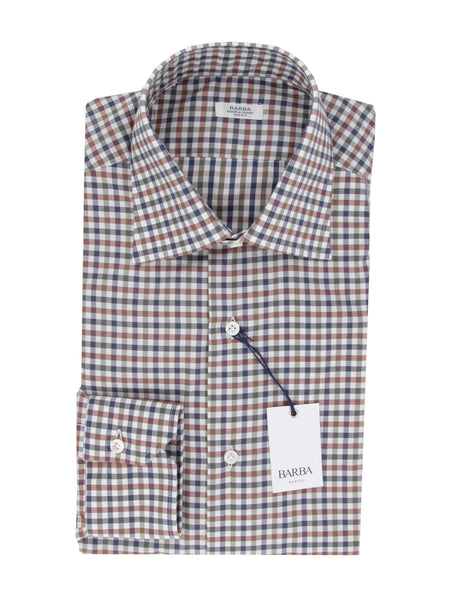 $350 Barba Napoli Brown Check Cotton Shirt - Slim - (BN9122312) - Parent
