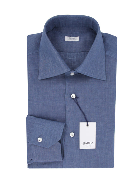 $350 Barba Napoli Blue Solid Linen Shirt - Slim - (BN912231) - Parent